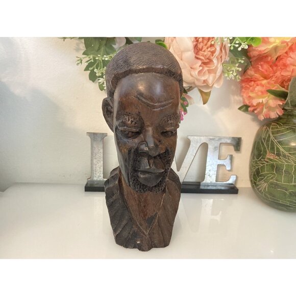 Vintage 1960s Tribal Man Hand Carved African Male Exotic Wood 8" Head Bust Stump - Picture 4 of 16